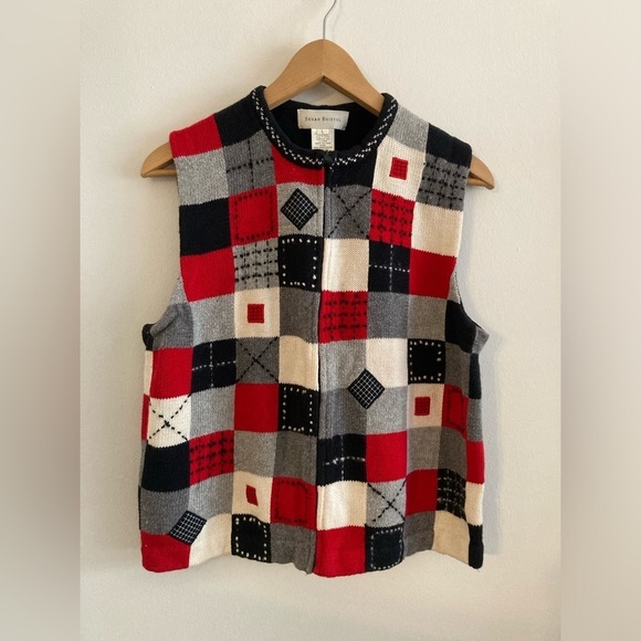 Vintage Susan Bristol Sweater Vest Large Patchwork Plaid Gingham Granny Cottage - Picture 2 of 8